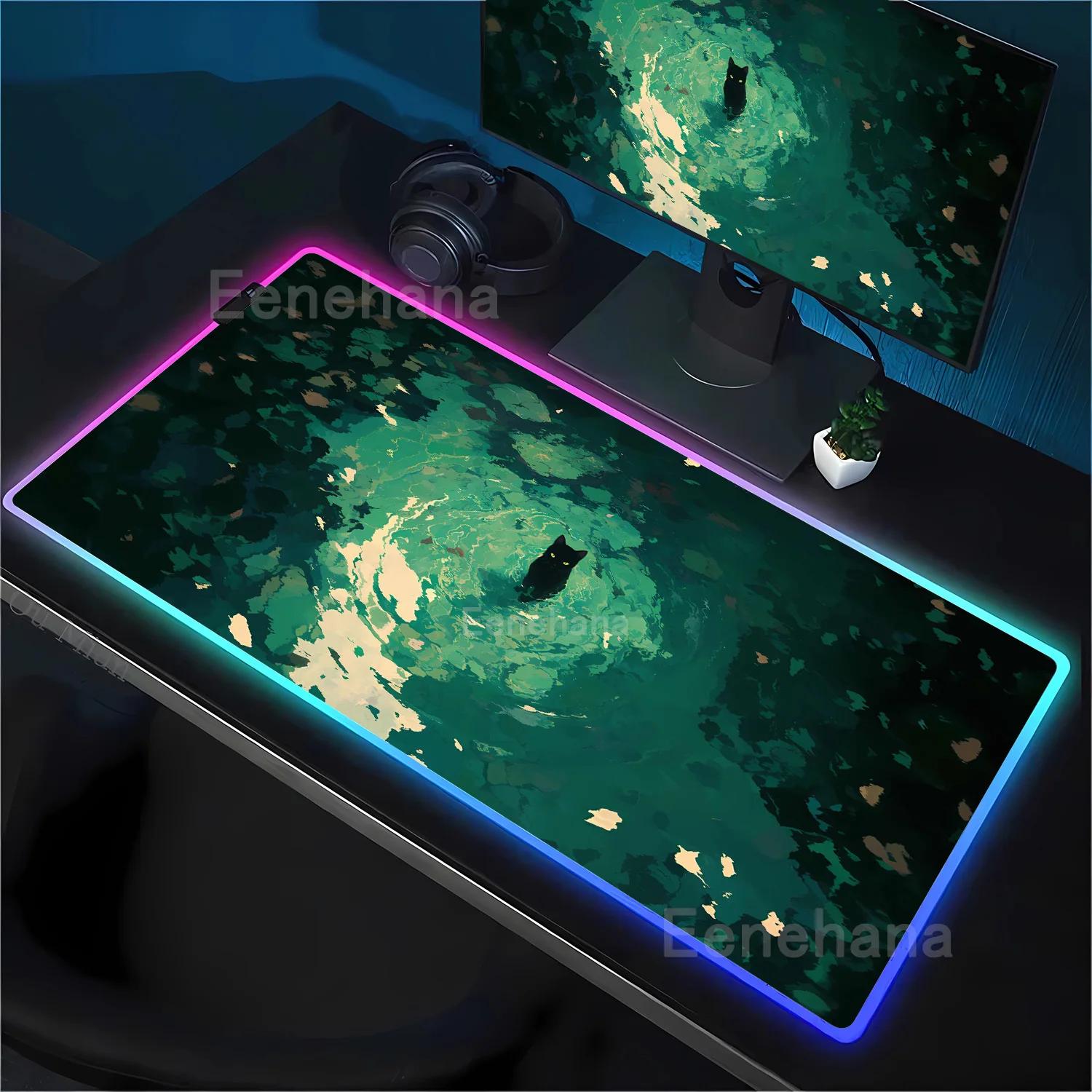 Kawaii RGB LED Backlit Cartoon Cat Gaming Mouse Pad - Anime Desk Mat for Office & Gaming Setup