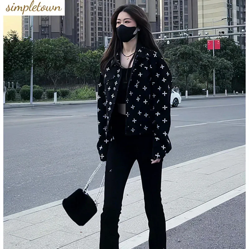 Retro Cross Flower Denim Black Coat for Women's Spring and Autumn 2023 New Korean Edition INS Loose Casual Versatile Top