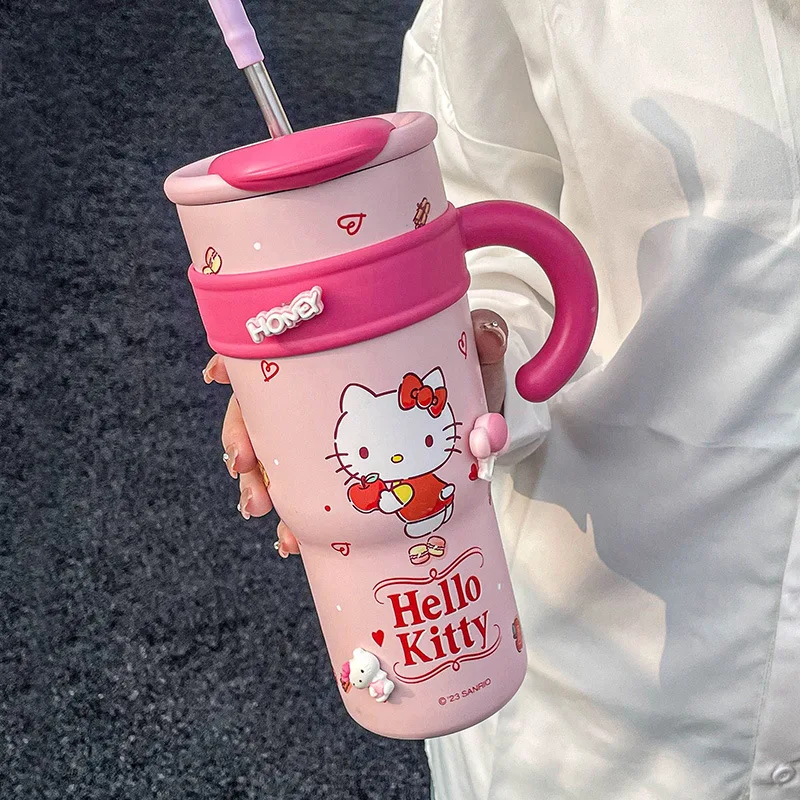 

1200 мл Sanrio Милая Изолированная бутылка для воды Hello Kitty вместительный соломенный термос чашка My Melody мультяшная детская чашка из нержавеющей стали