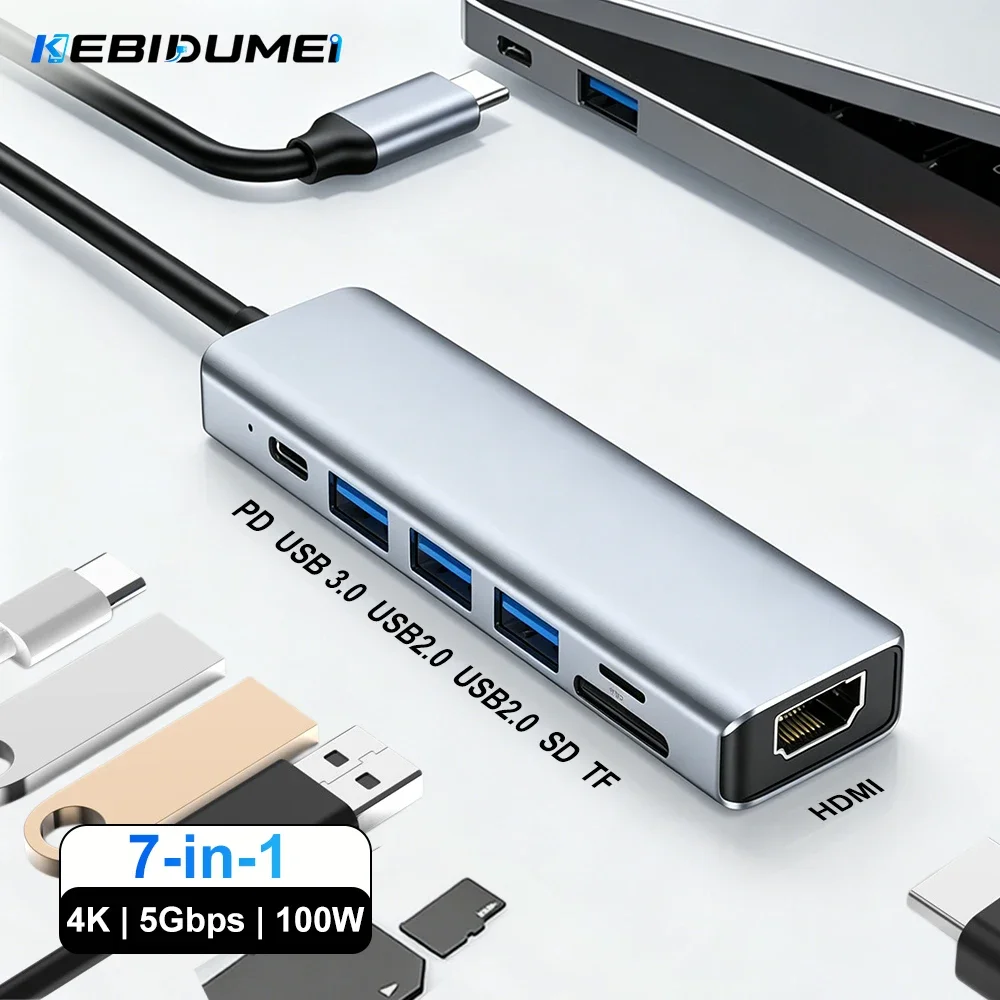 KEBIDUMEI USB C HUB 7 puertos tipo C a lector de tarjetas SD TF USB 3,0 HDMI 100W estación de acoplamiento divisor USB para ordenador portátil MacBook Pro