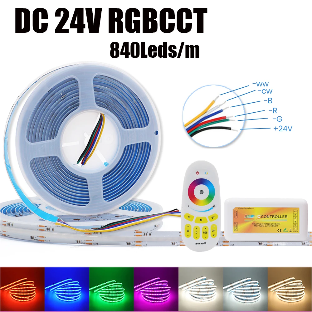DC 24V RGBCCT High Bright 840LEDs/M COB LED Strip EU US UK Set With Remote Dotless Colorful Flexible Ribbon Rope Light