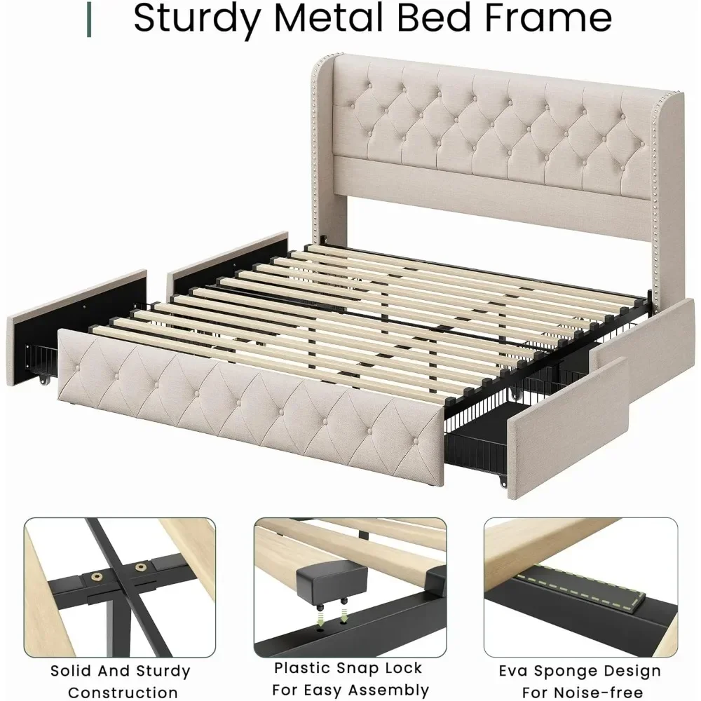 Bed Frame with 4 Storage Drawers and Tufted Headboard Linen Upholstered Frame Wingback Beds with Wooden Support, Easy Assembly 5