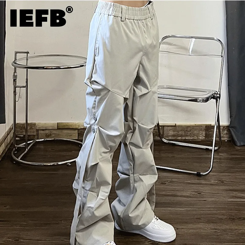 IEFB High Street Pleated Overalls Men's Pants Fashion Loose Straight Button Casual Male Trousers Solid Color Darkwear 9A6007 wide leg pants