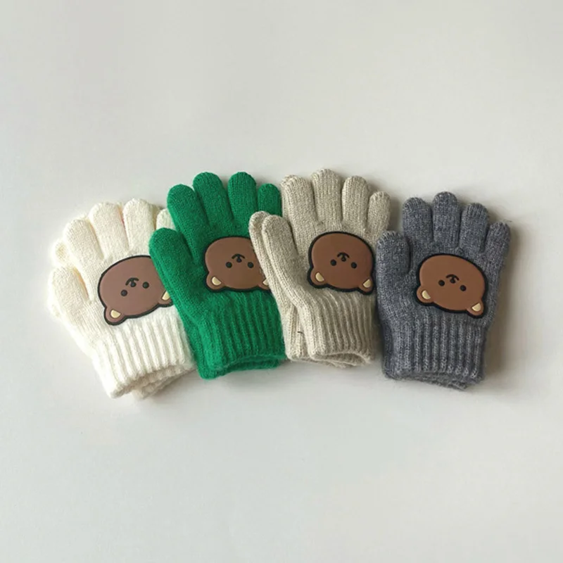 Winter Baby Gloves Cartoon Bear Woolen Five Fingers Gloves for Girls Infant Boys Cashmere Warm Kids Accessories 3-7 Years Old
