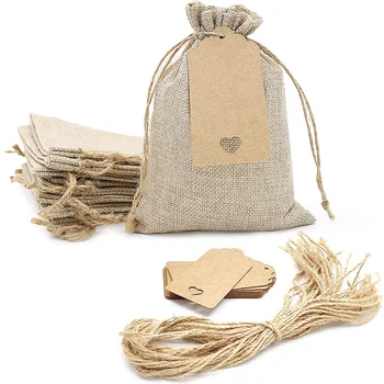 10/20 Pieces Jute Drawstring Bags with Kraft Paper Cards for Wedding Candy New Year Christmas Party Favors Package Linen Pouches 1