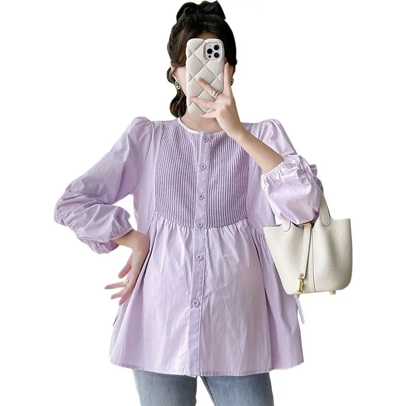 Autumn Maternity Fashion Loose Shirts Drawstring Long Sleeve O-neck Button Fly Pregnant Woman Pleated Blouses Purple White maternity tops