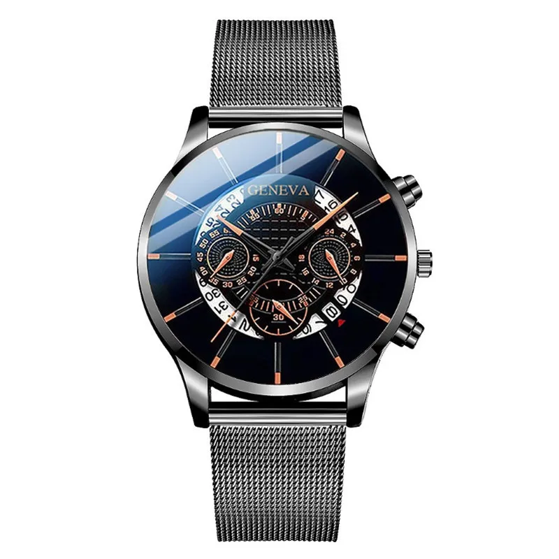 Luxury Men's Fashion Business Calendar Watches Blue Stainless Steel Mesh Belt Analog Quartz Watch relogio masculino mens watch 