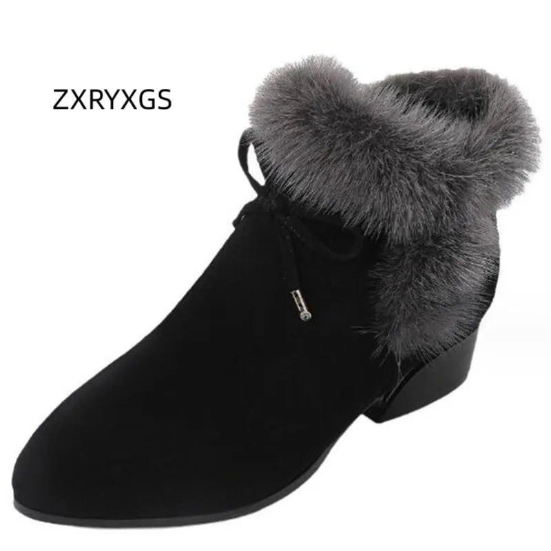 

ZXRYXGS High-end Mink Fur Decoration Autumn Winter Women Fashionable Boots 2023 Premium Frosted Cowhide Mid Heel Boots Plus Size