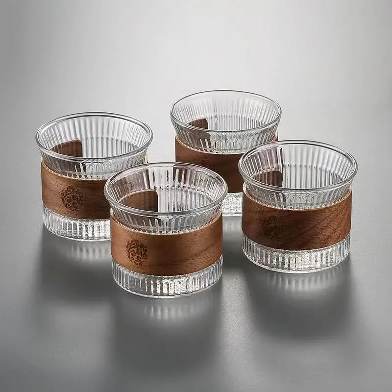 1pc Glass Coffee Mug Japanese Style Walnut Cup SleeveTransparent Kawaii Cup Coffeeware Beautiful Tea Mugs Beer Mug Cute Mug