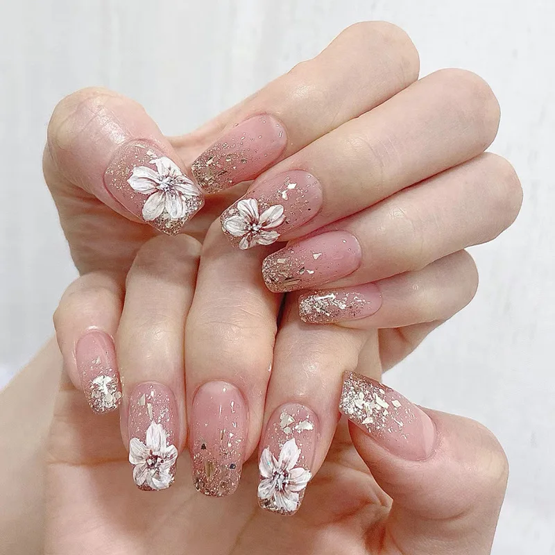 

24pcs /box Nails Press on beautiful high-grade fake nail patch flower gold powder long wholesale press on nail