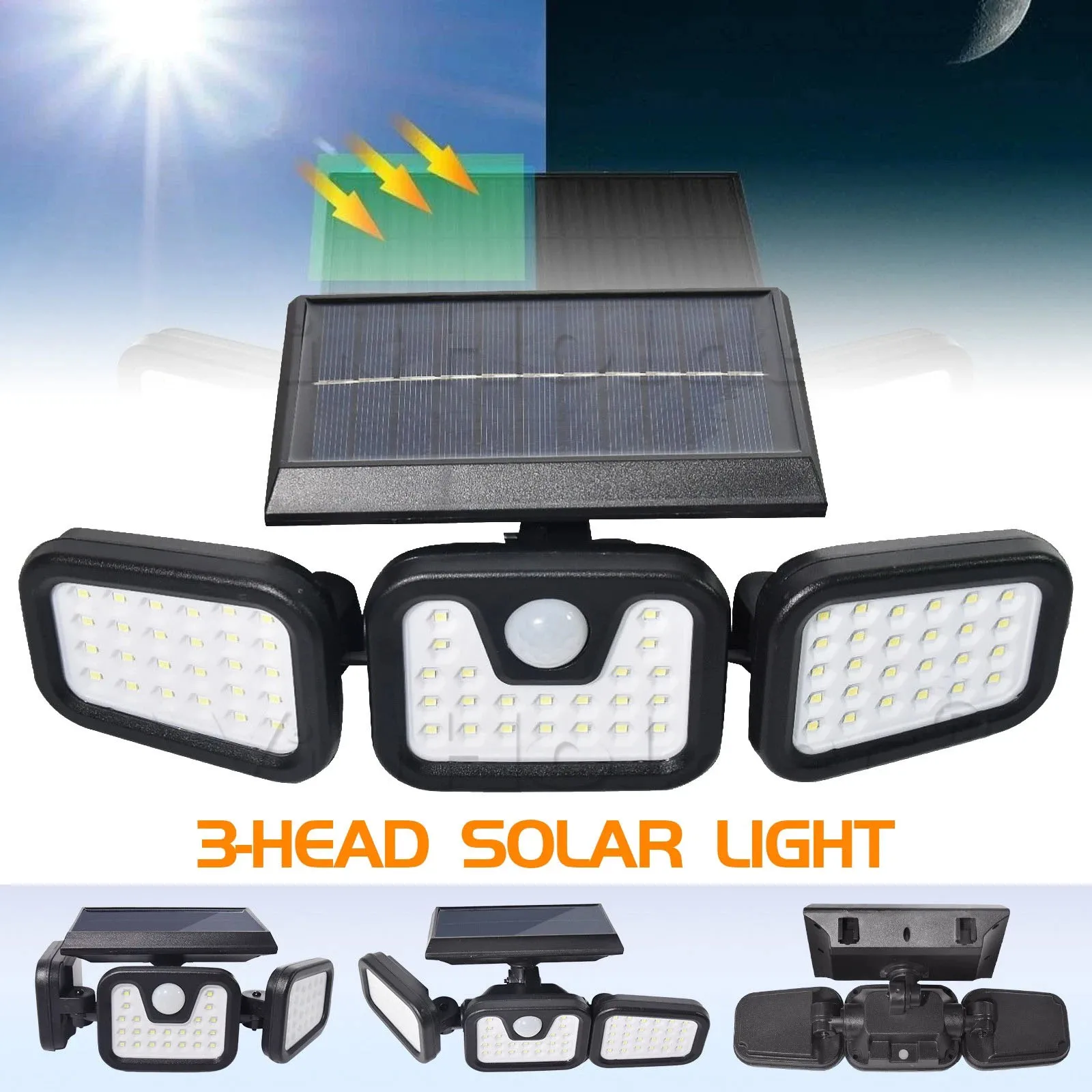 LED Solar Light Outdoor Motion Sensor Sensing Adjustable 3 Rotatable Head IP65 Waterproof Solar Three Head Wall Lamp Garden