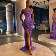 

Purple High Slit Spaghetti Strap Evening Dresses 2022 New Floor Length Prom Gowns Sequined Women's Dress Robe De Soirée Femme