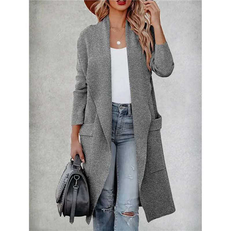 B50B-여성용 오픈 프론트 니트 루즈 가디건 캐주얼 긴 소매 드레이프 니트 포켓 롱 재킷 스웨터 그레이 XXL
