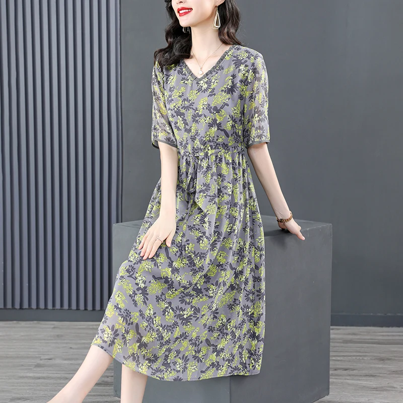 

2023 New Fashion Silk Printed Dress Women's Summer Versatile V-neck Short Sleeve Loose Fit Casual Holiday Dress Vestidos