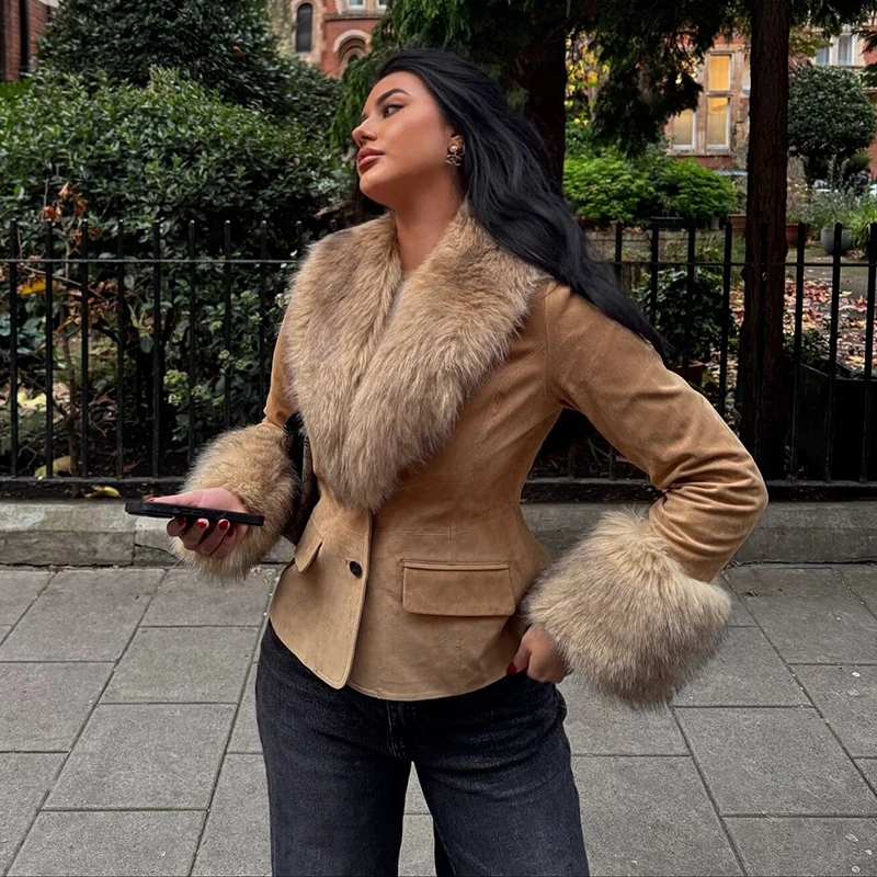 Elegant Faux Fur Collar Women's Coat Suede Single Breasted Winter Jackets Women 2025 Autumn Chic Street Office Lady Outerwear ﻿