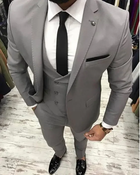 

Gentle Grey Wedding Suits For Men Slim Fit 3 Piece Groom Tuxedo Prom Jacket Custom Blazer Sets Terno Masculino Traje De Hombre