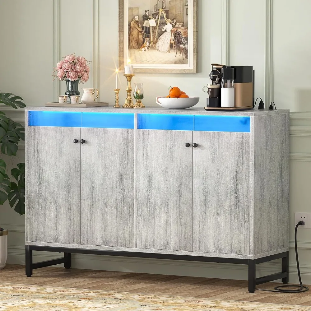 

Sideboard Buffet Cabinet with Power Outlet, Kitchen Storage Cabinet with LED Light & Doors, Accent Cupboard Table with Storage