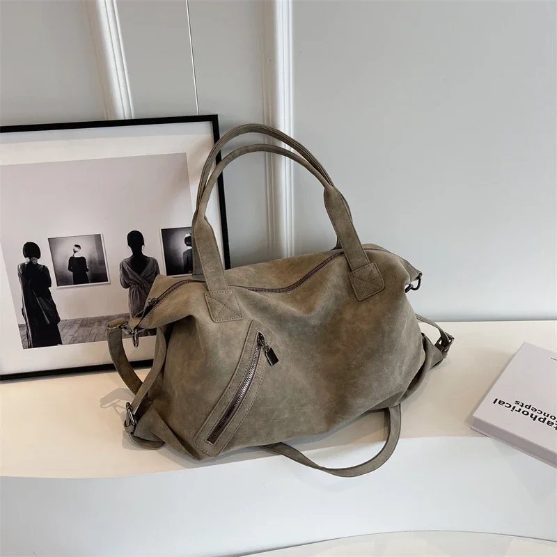 

Autumn Winter Large Capacity Faux Suede Tote Bag Ladies Zipper Stylish Boston Handbag Female Commuter Shoulder Crossbody Bag