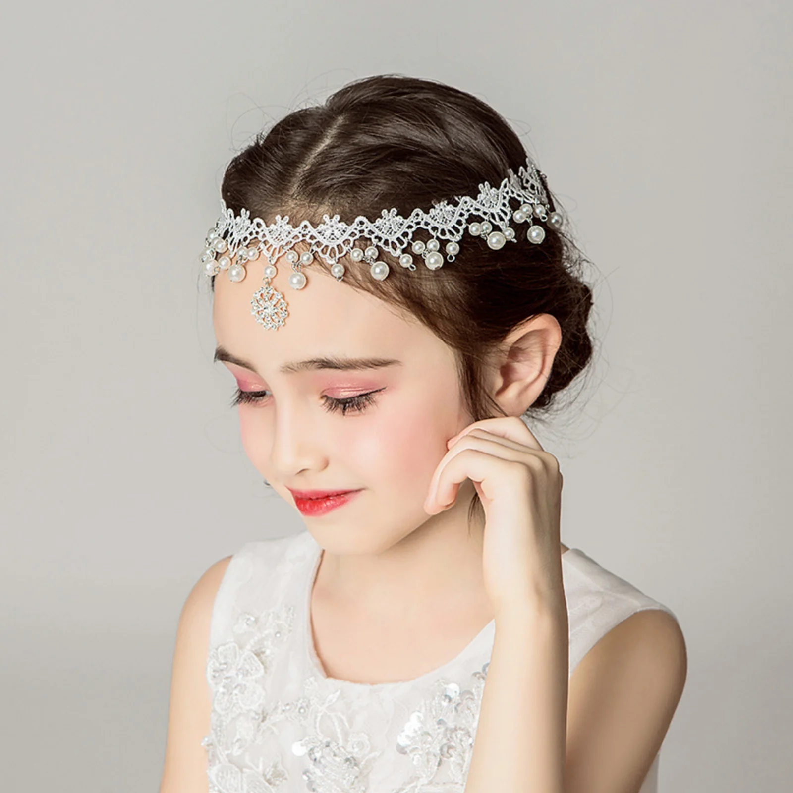1PC Kids' Lace Pearl Headband, Elegant Rhinestone - Decor Tiara, Perfect for Girls' Party & Wedding Looks