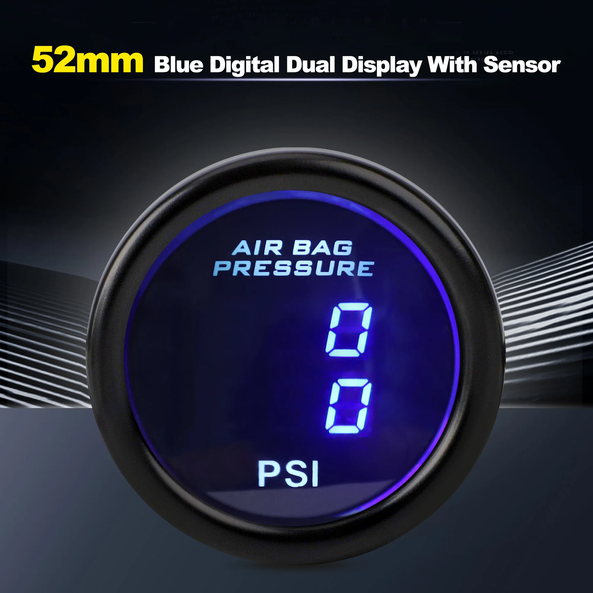 52mm Air Suspension Pressure Gauge Blue LED Dual Digital Display Air Ride Air Press With 2PCS 1/8 NPT Electrical Sensor