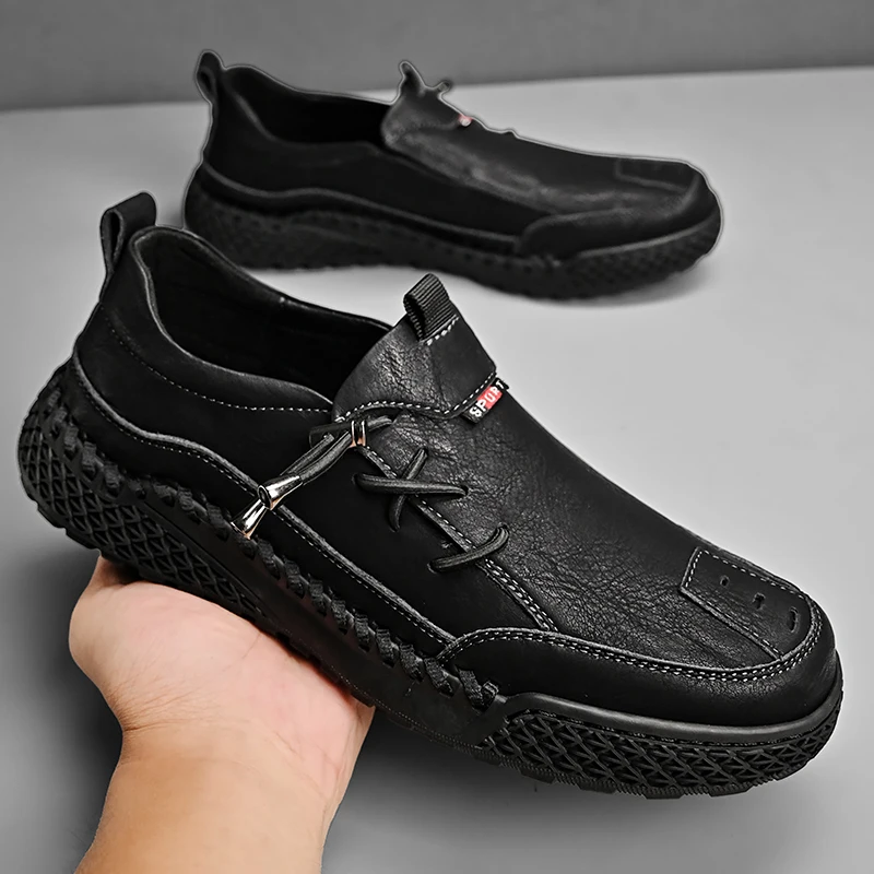 Fashion Leather Men Casual Shoes Hand-stitching Soft Mens Loafers Comfy Moccasins Breathable Slip on Driving Shoes Treking Flats