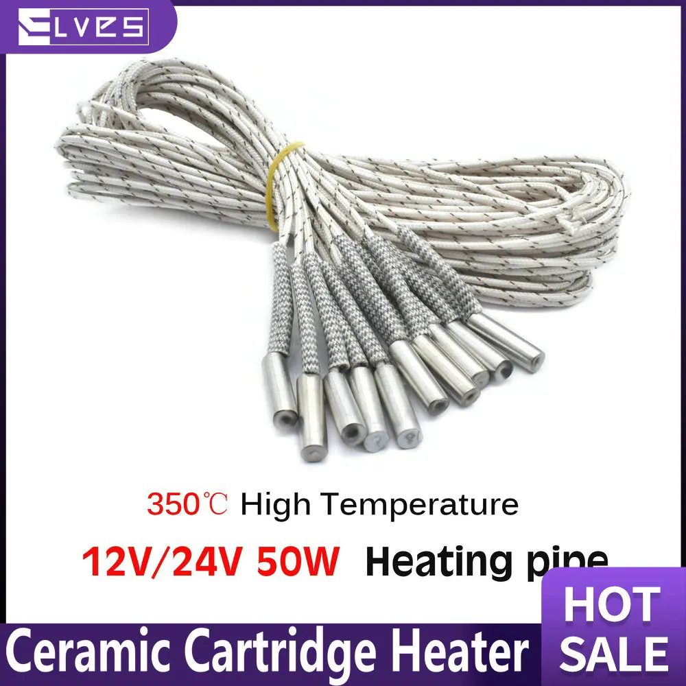 ELVES 3D printer part Heating tube 6*20mm 12V 24V 50W Ceramic Cartridge Heater 1M 2M Reprap&Mendel For V6 J-head Extruder