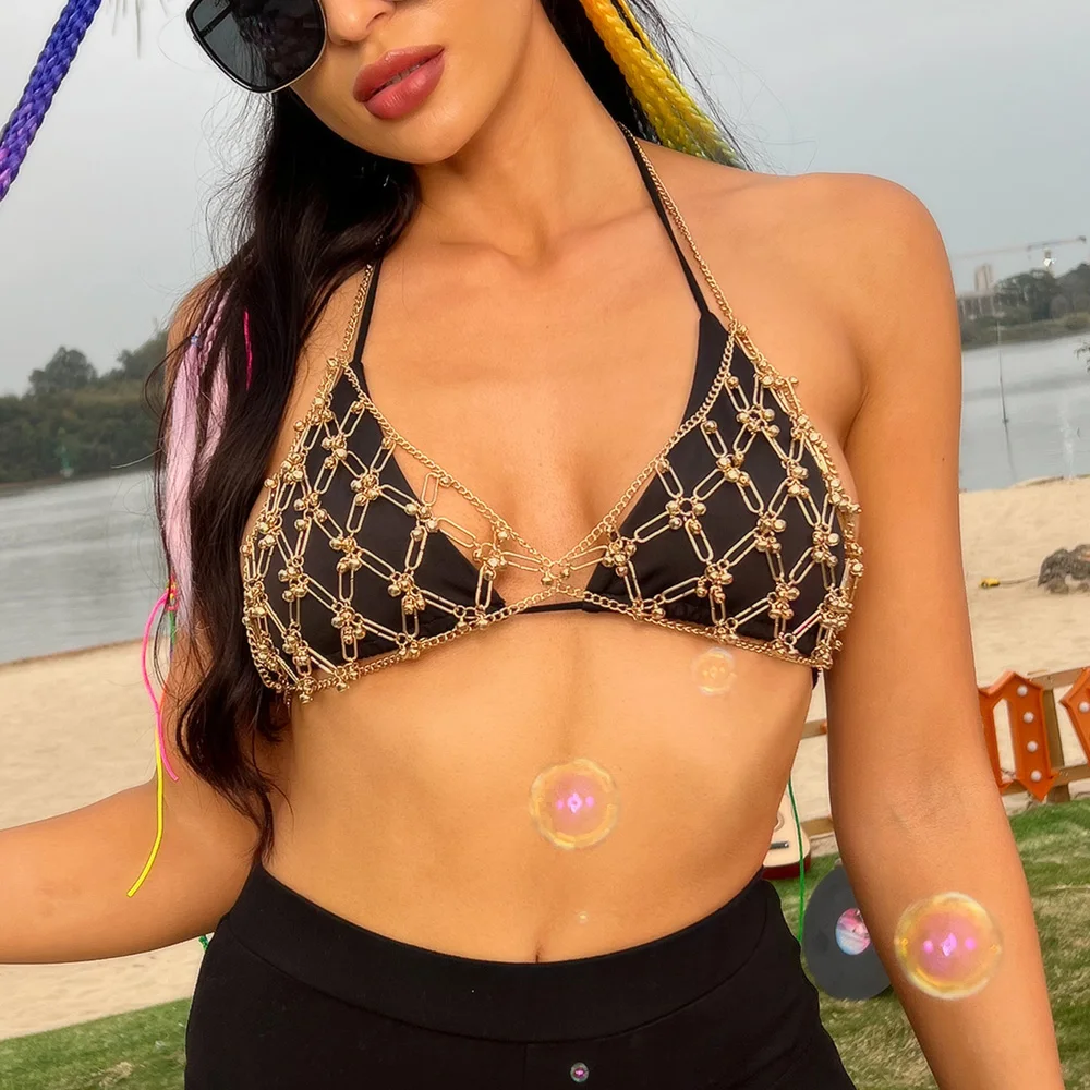 Women Sexy Body Bra Chain Fashion Hollow Bell Decor Crop Top Chain Nightclub Backless Camis Vest Festival Clothing Accessories