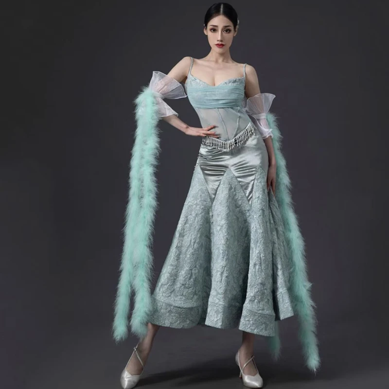 

2023 Ballroom Dance Competition Clothing For Women Sexy Sling Green Plush Shawl Dress Chacha Tango Modern Dance Clothes DN15509
