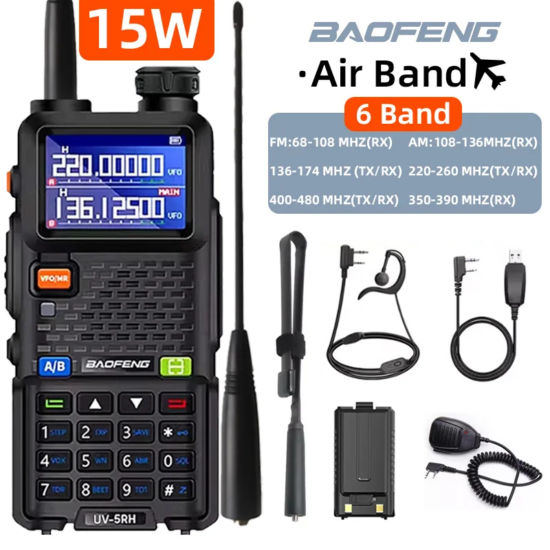 바오펑 핸드헬드 무전기 UV5RH 15W 6000mAh 6밴드 무선 복제 주파수 999CH, 타입-C 충전 지원, HAM, 10K