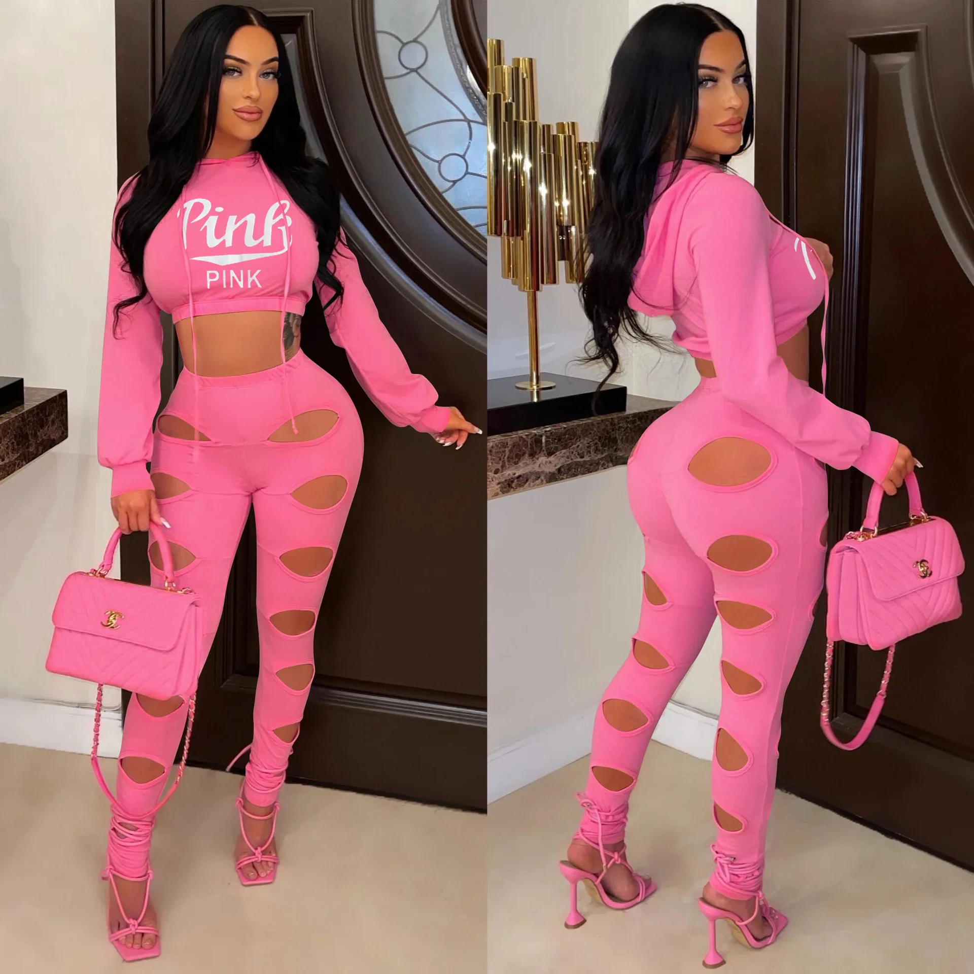 

2022 Summer Women's Letters Printed Hollow Sexy Short Coat Pencil Pants Two-piece Suit