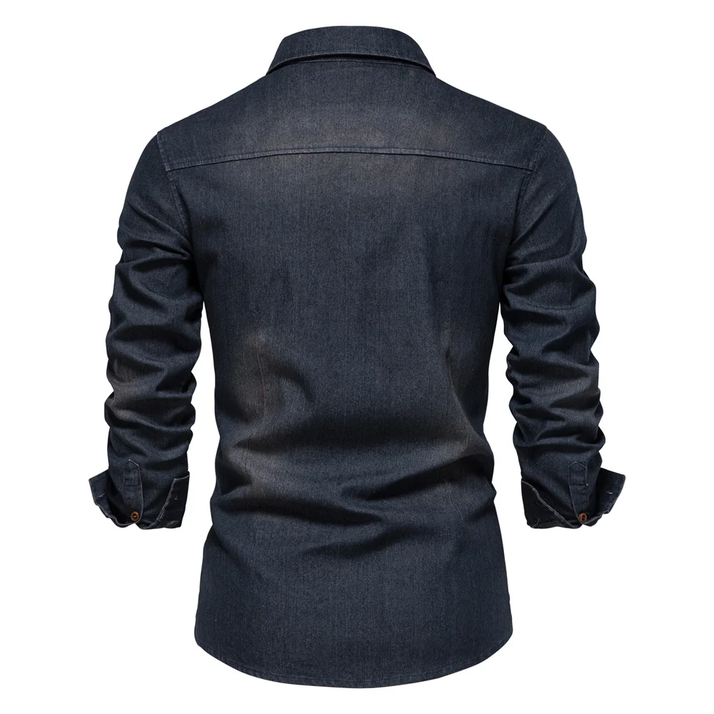 Denim Shirt Long Sleeved Shirt Men Elastic Cotton Cowboy Shirt Casual Slim Fit