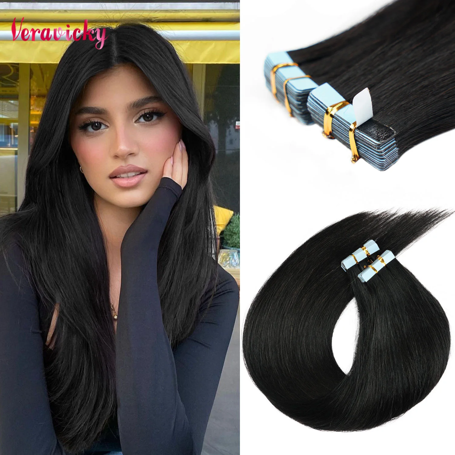 Veravicky Hair Tape In Hair Extensions Natural Human Hair Tiny Interface 4x0.8cm Skin Weft Remy 20pcs 16-24 inch For Thin Hair