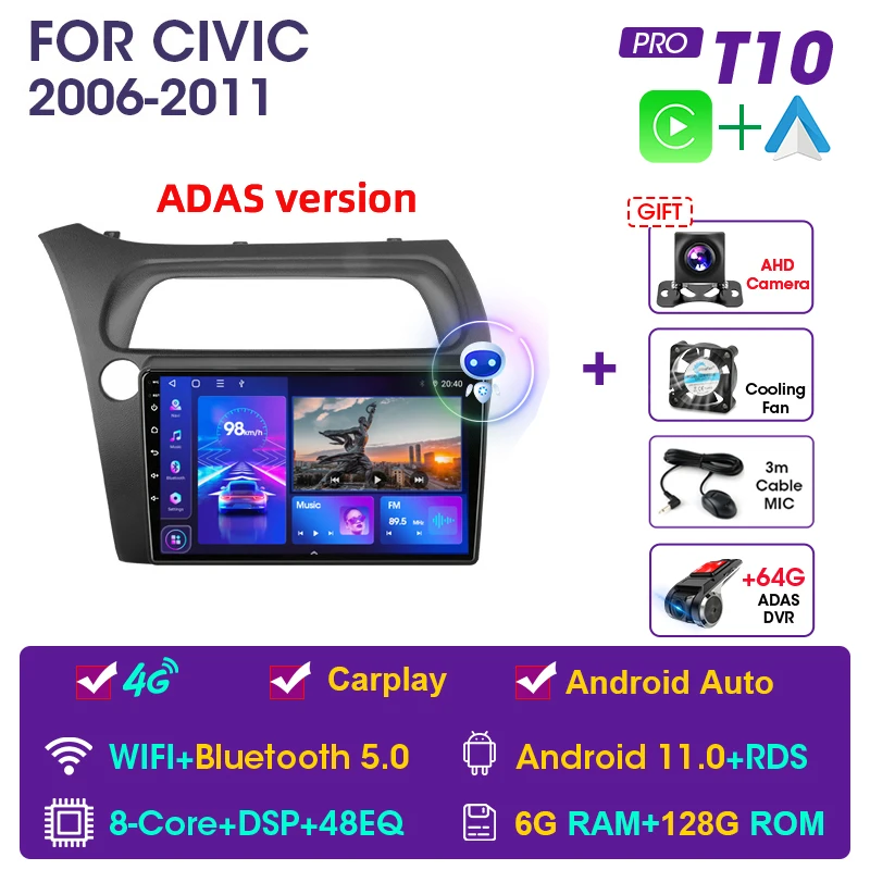 JMCQ 2Din Android11 Car Radio Multimidia Video Player Car Stereo For Honda Civic Hatchback 2006-2011 Carplay 2 din dvd Head Unit best buy car stereo Car Multimedia Players