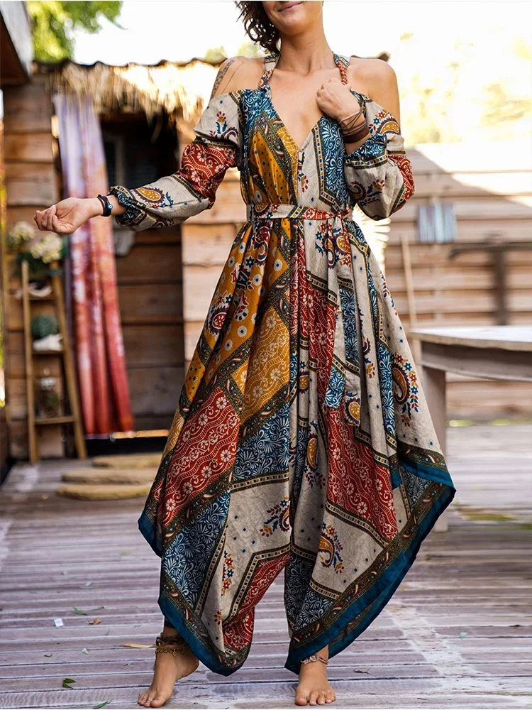 Women's Sling Jumpsuit Vintage Ethnic Printing V-Neck Cold Shoulder Jumpsuit Long Sleeve Harlan Long Pocket Wide Leg Pants