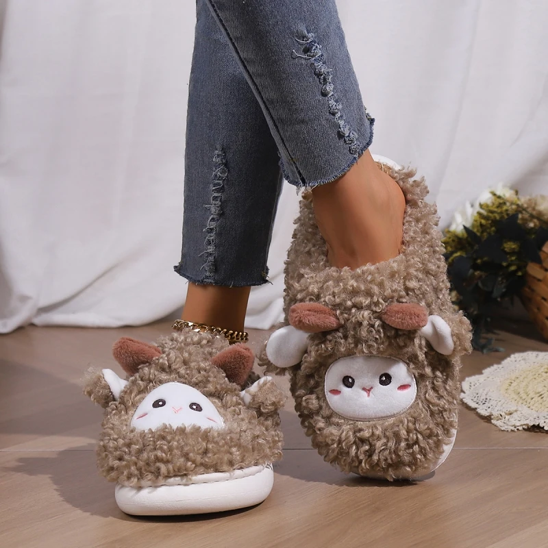 Autumn Winter Women Cute Sheep Slippers Females Home Indoor Fluffy Warm Slides Men Plush Cartoon Flip Flops Couples Soft Shoes 6