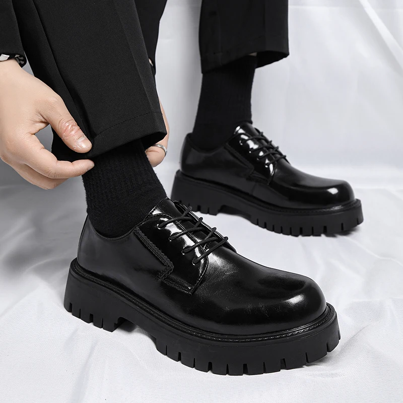Men Dress Shoes Thick Soled Leather Shoes Lace Up Business Men Platform Oxford Moccasin Casual Big Size 38-48
