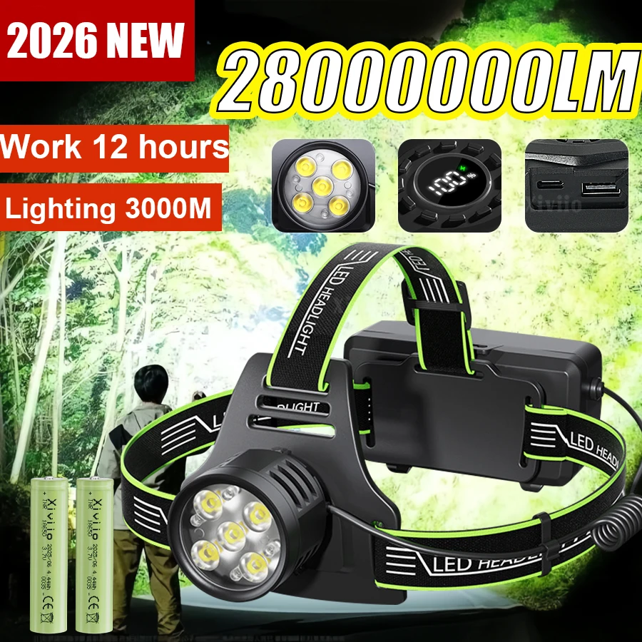 2026년 신제품 초강력 5*LED 헤드램프 28000000LM 가장 강력한 헤드라이..