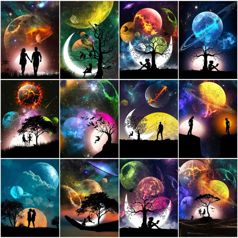 

PhotoCustom Oil Painting By Number Colorful Moon With Frame Diy Painting By Number Art Supplies
