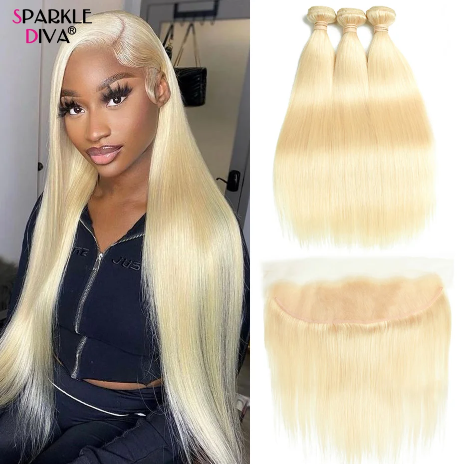 613 Bundles With Frontal Brazilian Straight Hair 3/4 Bundles With Closure 40 Inches Remy Blonde Human Hair Bundles With Frontal black pearl curly human hair 3 4 bundles with frontal remy malaysian kinky curly bundles with closure lace middle part closure