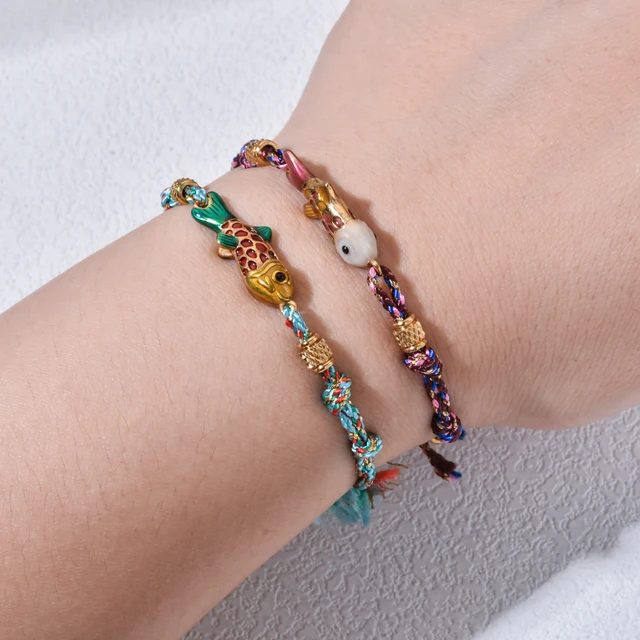 Bracelet poisson mignon en acier inoxydable pour femmes, corde colorée tissée à la main, style Boho, breloque, bijoux d'amitié populaires