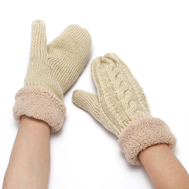 

Fashion Women Twist Flowers Wool Knit MittensUnisex Double Thicken Plus Velvet Full Finger Cashmere Warm Driving Mittens