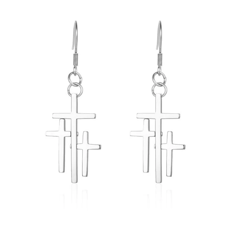 Stainless Steel 3 Cross Drop Earrings For Women Christian Faith Jesus Cross Pendientes Mujer Prayer Jewelry