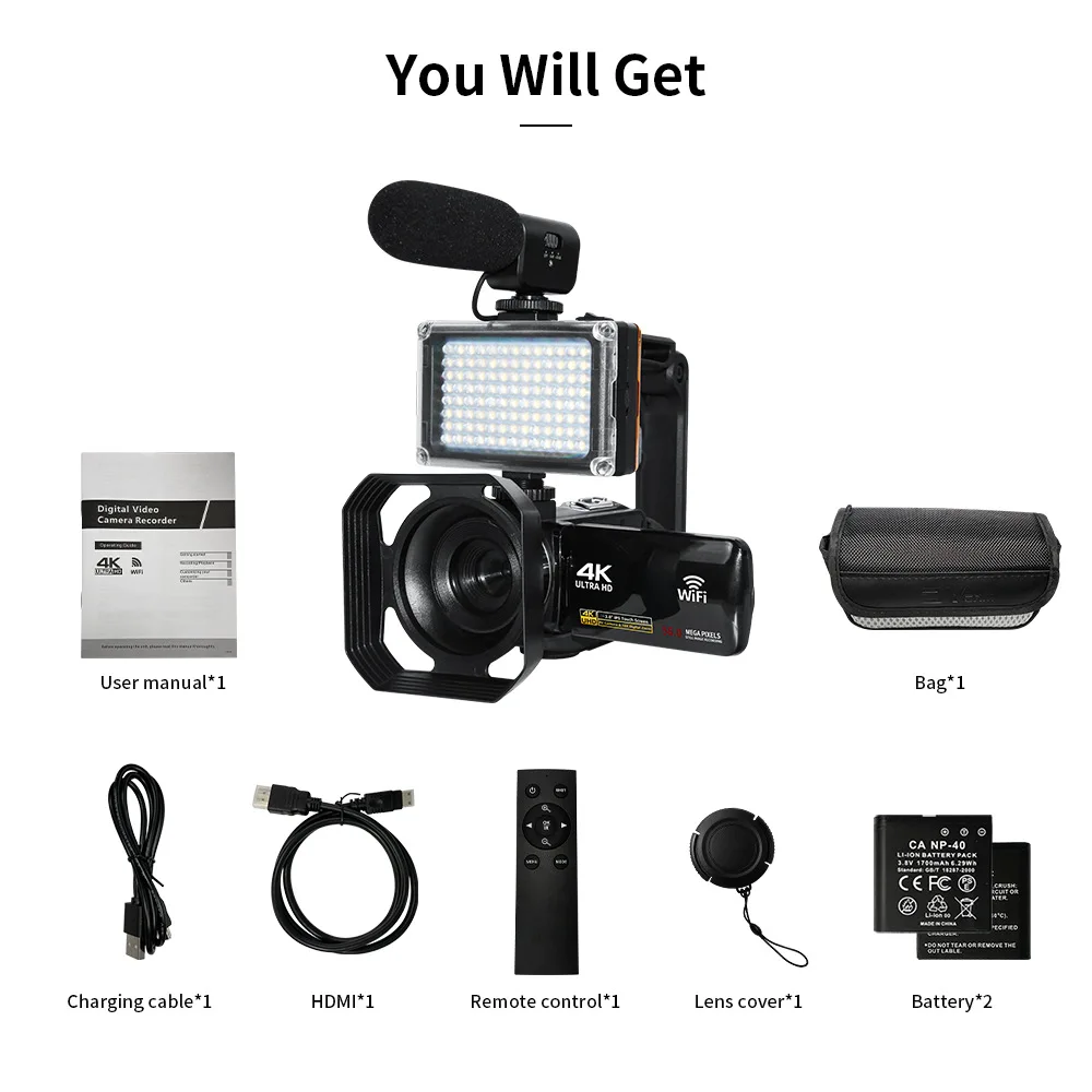 4K Ultra HD Digital Camera 3.0 Inci 48MP 18X Zoom Wifi Camcorder with Windproof Microphone Fill Light Video Vlogging For YouTube