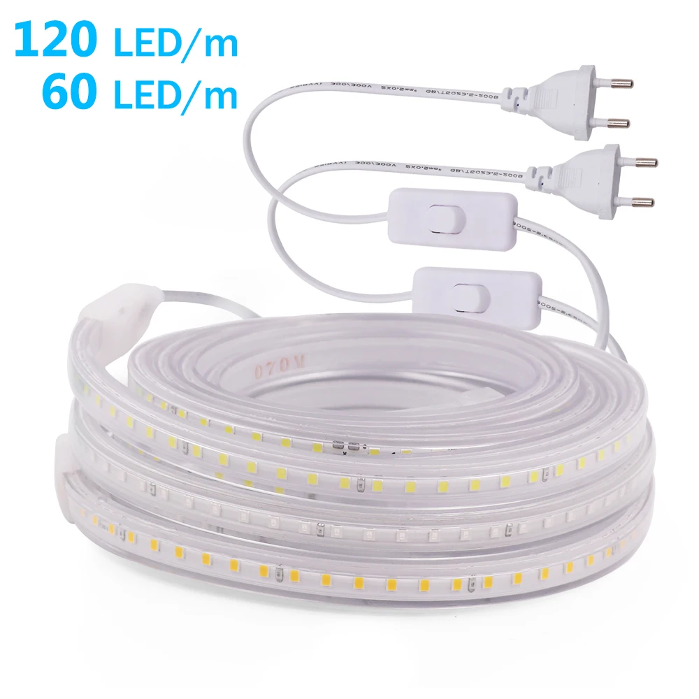 

AC 220V LED Strip Outdoor Waterproof Flexible Led Tape SMD 5050 60LEDs/m SMD 2835 120LEDs/m LED Light With Power Switch Plug