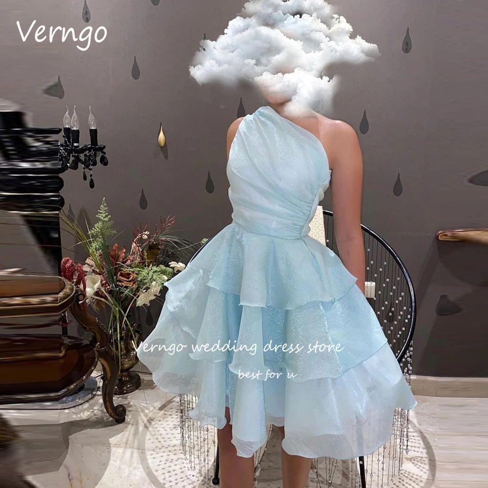 

Verngo Shiny Light Sky Blue Silk Organza Short Prom Party Dresses Saudi Arabic Women Knee Length Evening Gowns Cocktail Dress