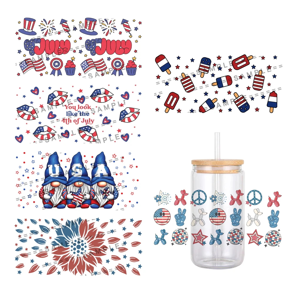 USA Independence Day Designs UV DTF Transfer Sticker Waterproof Transfers Decals For 16oz Glass Cup Wrap Stickers