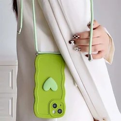 Elegant Crossbody Necklace Lanyard with 3D Love Heart Wave Design Case - iPhone 15 Plus (Green)