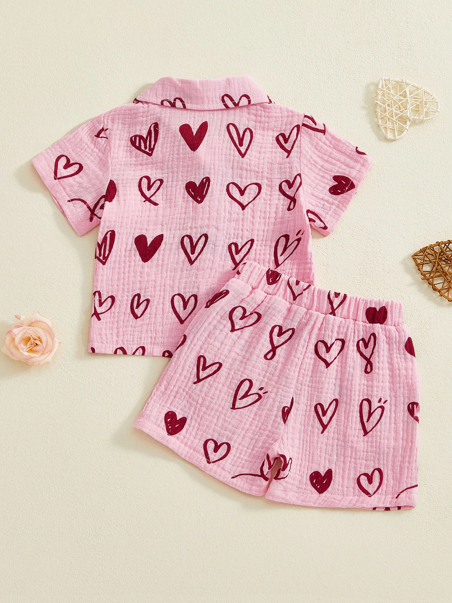 Toddler Boys Valentine’s Day Outfit Heart Print Short Sleeve Shirt with Elastic Waist Shorts Summer Outfit