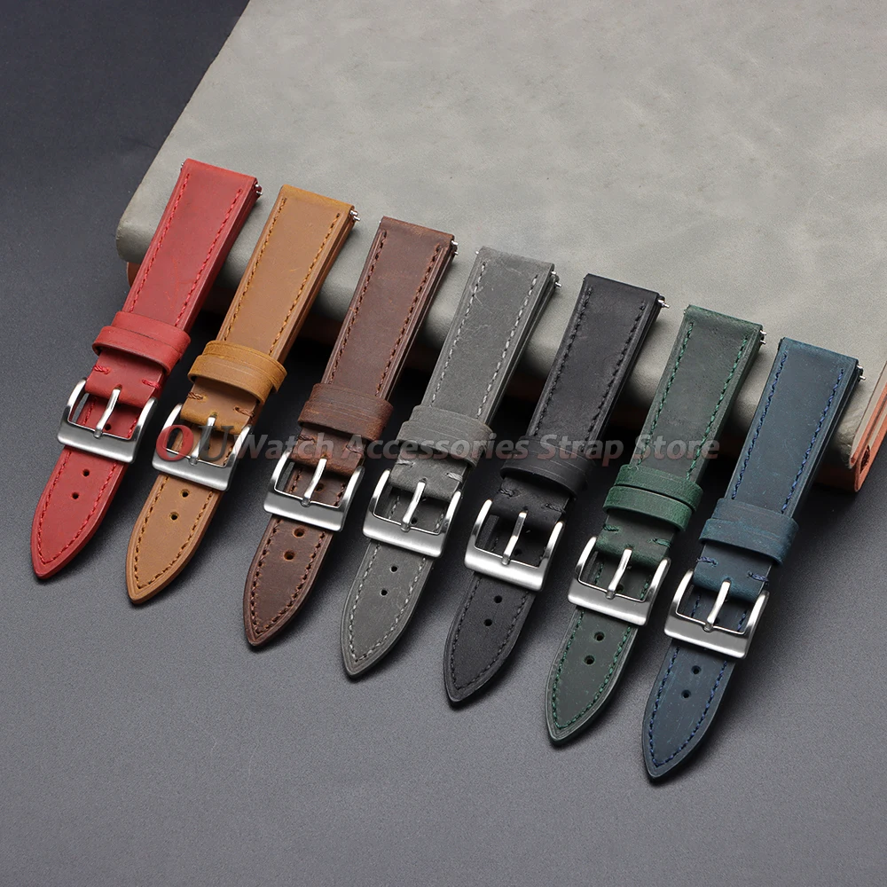 Vintage Crazy Horse Cowhide Leather Quick Release Watch Band Strap