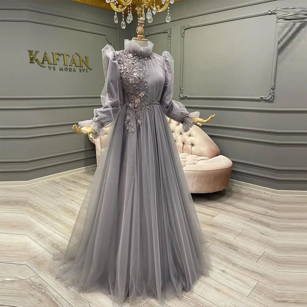 

Xijun Arabic Muslim Evening Dresses Long Sleeves High-Neck A-Line Beading 3D Flowers Modest Prom Dress Formal Party Gowns